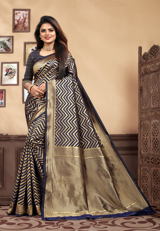 Vedant Vastram Litchi Silk Designer Banarasi Saree - Navy Blue | Swadesiicart