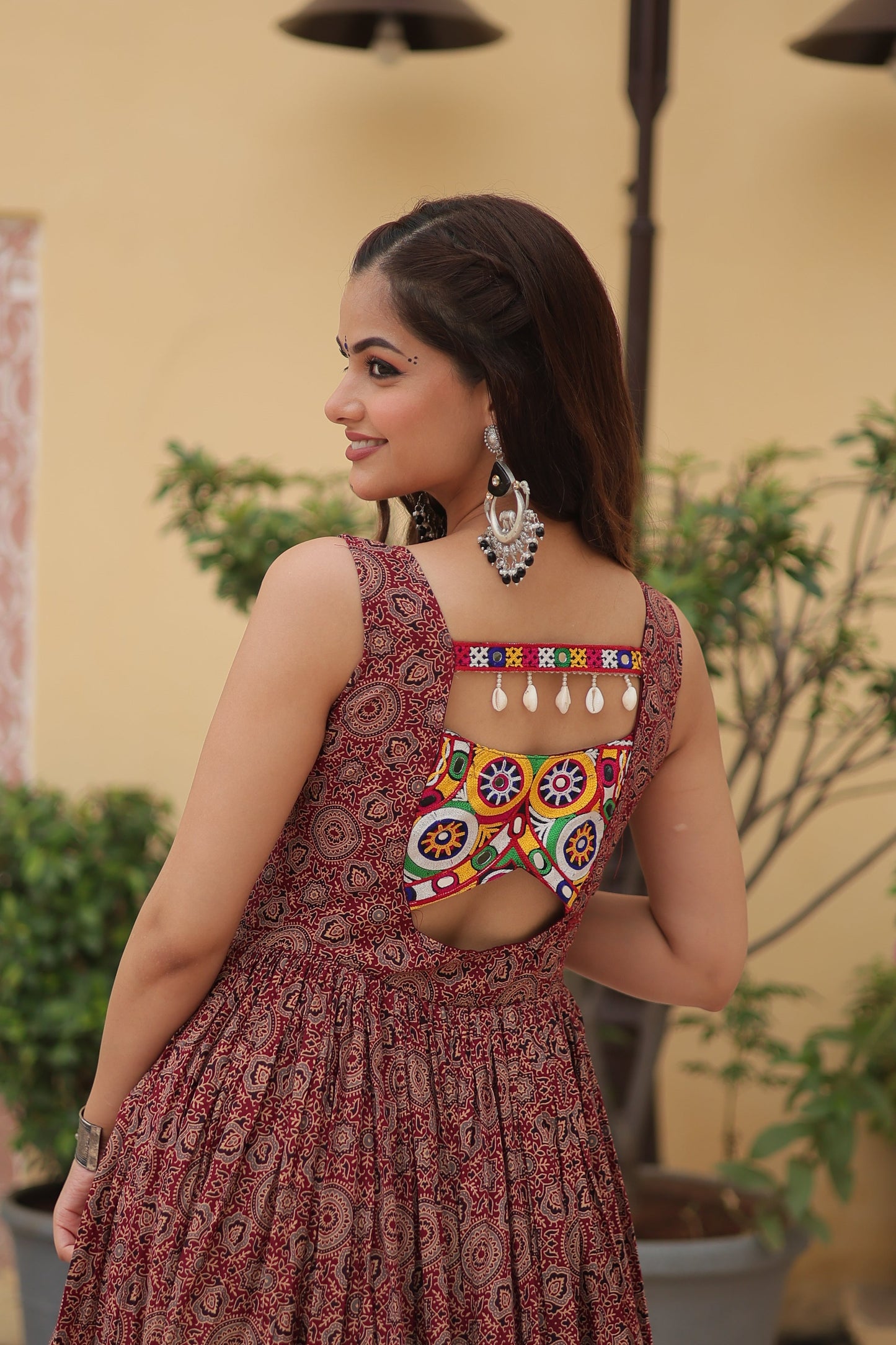 Lorenvalley Maroon Printed Cotton With Kutchi Gamthi Work and Kodi Lace Gown | Swadesiicart