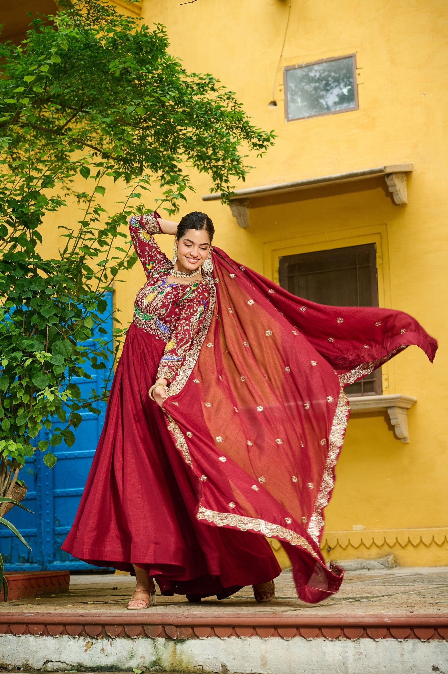 Lorenvalley Fashion Maroon Vichitra Silk with Multi Thread & Embroidered work Anarkali Gown with Dupatta - Swadesiicart