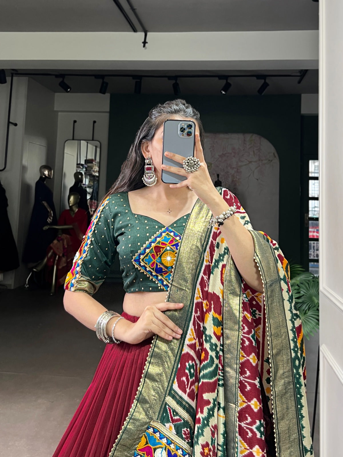 Lorenvalley Fashion Maroon Tasar Silk Print with Foil Work and Real Mirror Gamthi Work with Lace Touch Up Lehenga Choli with Dupatta | Swadesiicart