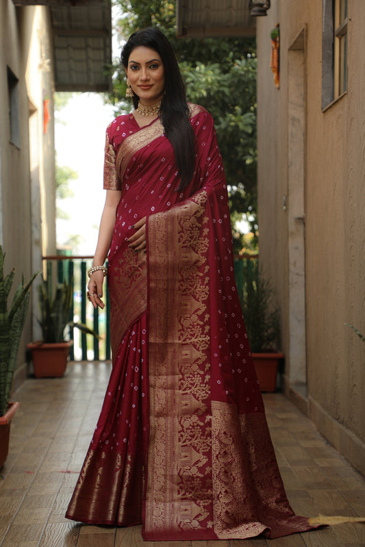 Lorenvalley Premium Pure Handmade Bandhej Kanjivaram silk saree with Zari Weaving Rich Pallu saree - Maroon - Swadesiicart
