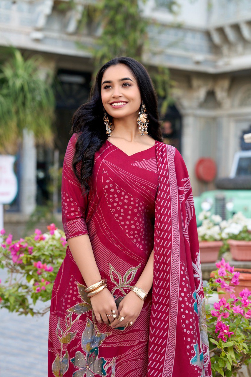 Lorenvalley Maroon Roman Silk Floral Print With Beets Handwork Kurta Set | Swadesiicart