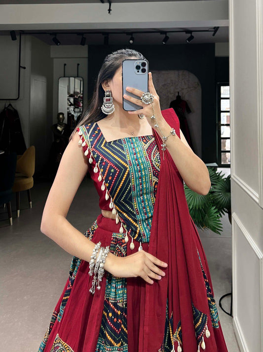 Lorenvalley Maroon Pure Cotton Plain And Printed With Foil Work Lehenga Choli with Dupatta
