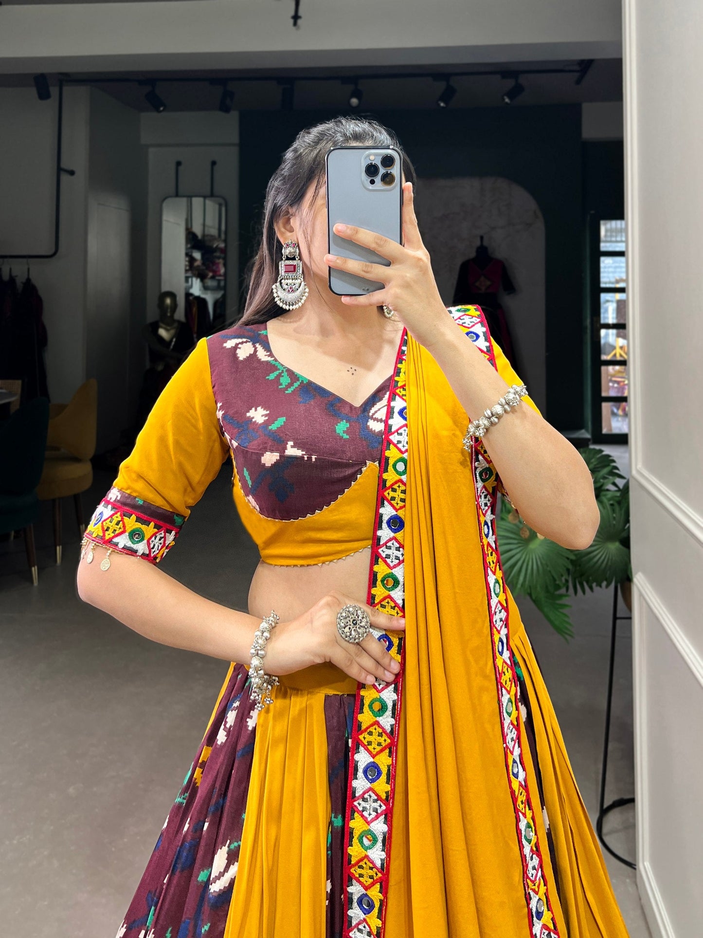 Lorenvalley Yellow and Wine Rayon with Printed Silk Original Mirror Gamthi Work and Embossed Design Gota Lehenga Choli with Dupatta | Swadesiicart