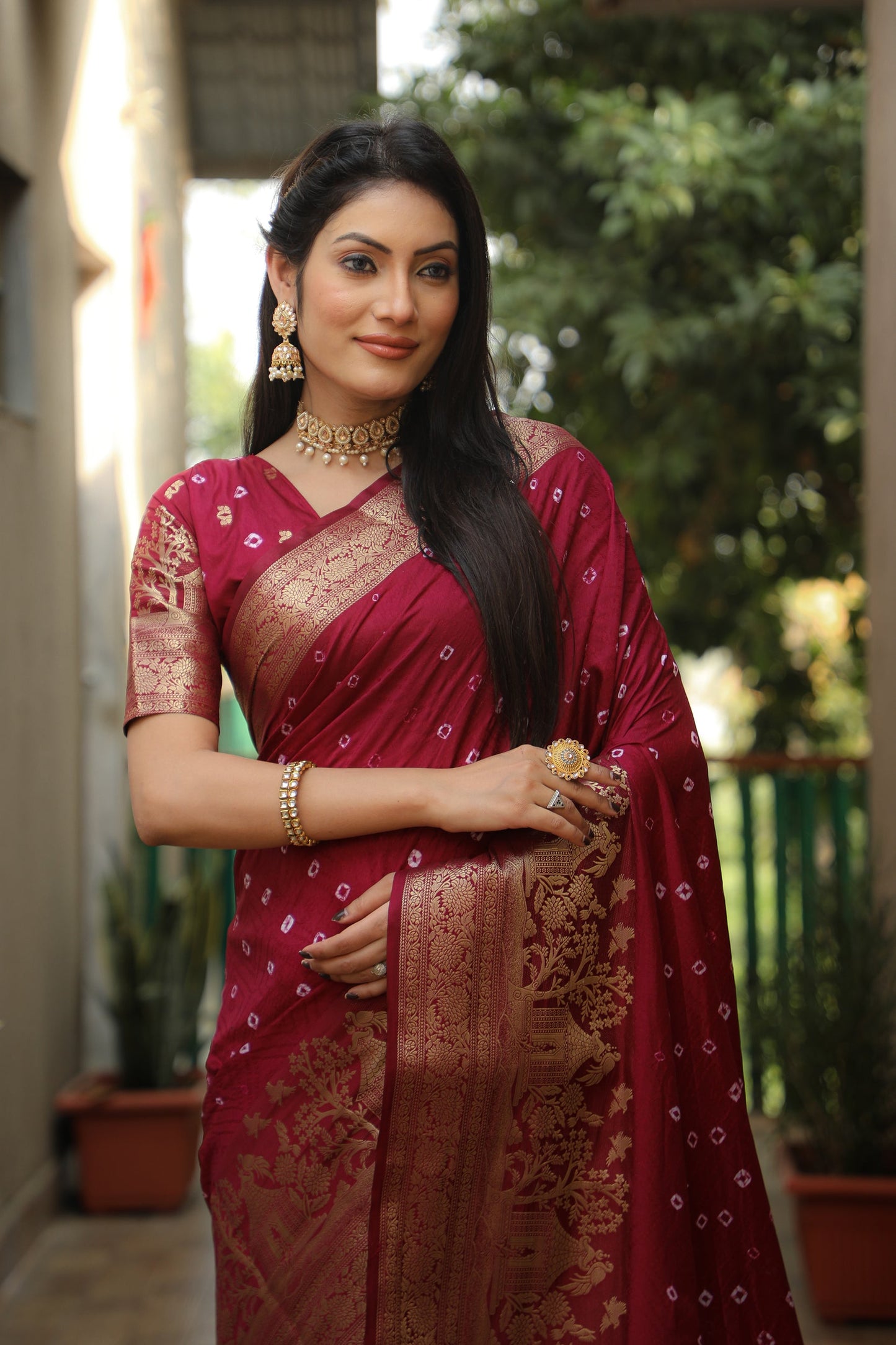 Lorenvalley Premium Pure Handmade Bandhej Kanjivaram silk saree with Zari Weaving Rich Pallu saree - Maroon - Swadesiicart