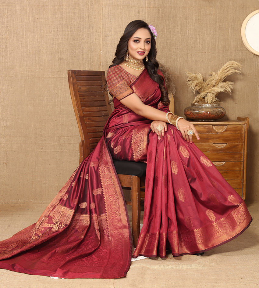 Lorenvalley Fashion Maroon Soft Katan Silk Woven Design Copper Zari Weaving Saree - Swadesiicart