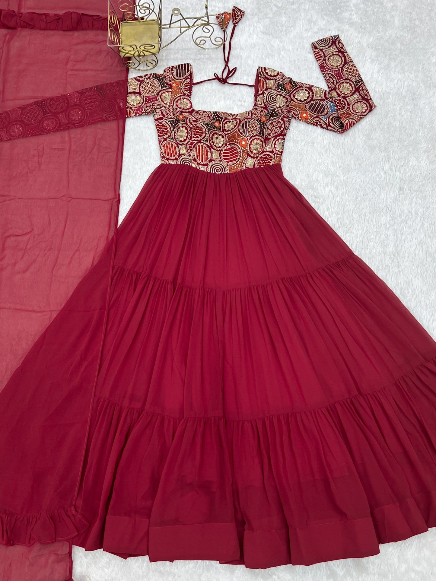 Lorenvalley Fashion Maroon Faux Georgette Embroidery 9 Needle Thread Work Anarkali Pant with Dupatta - Swadesiicart