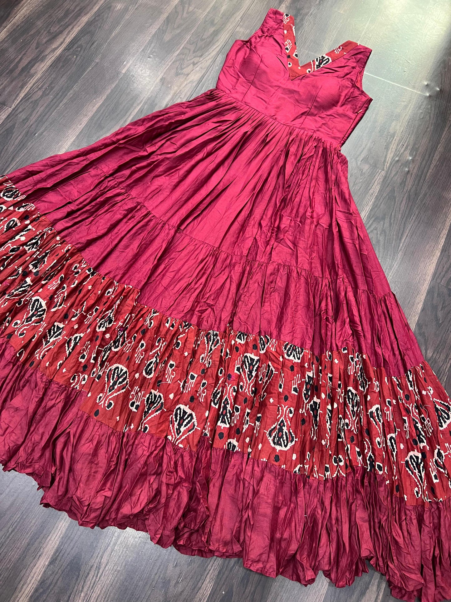 Lorenvalley Maroon Rayon Fabric with Printed Attached In Frill And Neck Gown | Swadesiicart