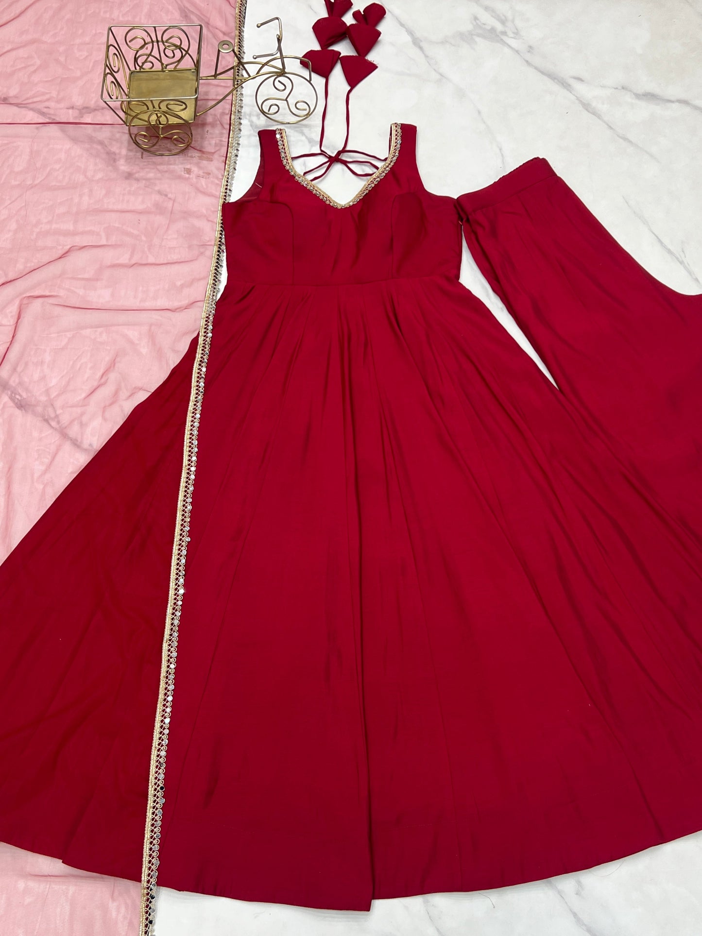 Lorenvalley Fashion Maroon Pure Romansilk Chanderi Fabric Yoke Fancy Lace Work Anarkali Kurta Pant With Dupatta Set - Swadesiicart