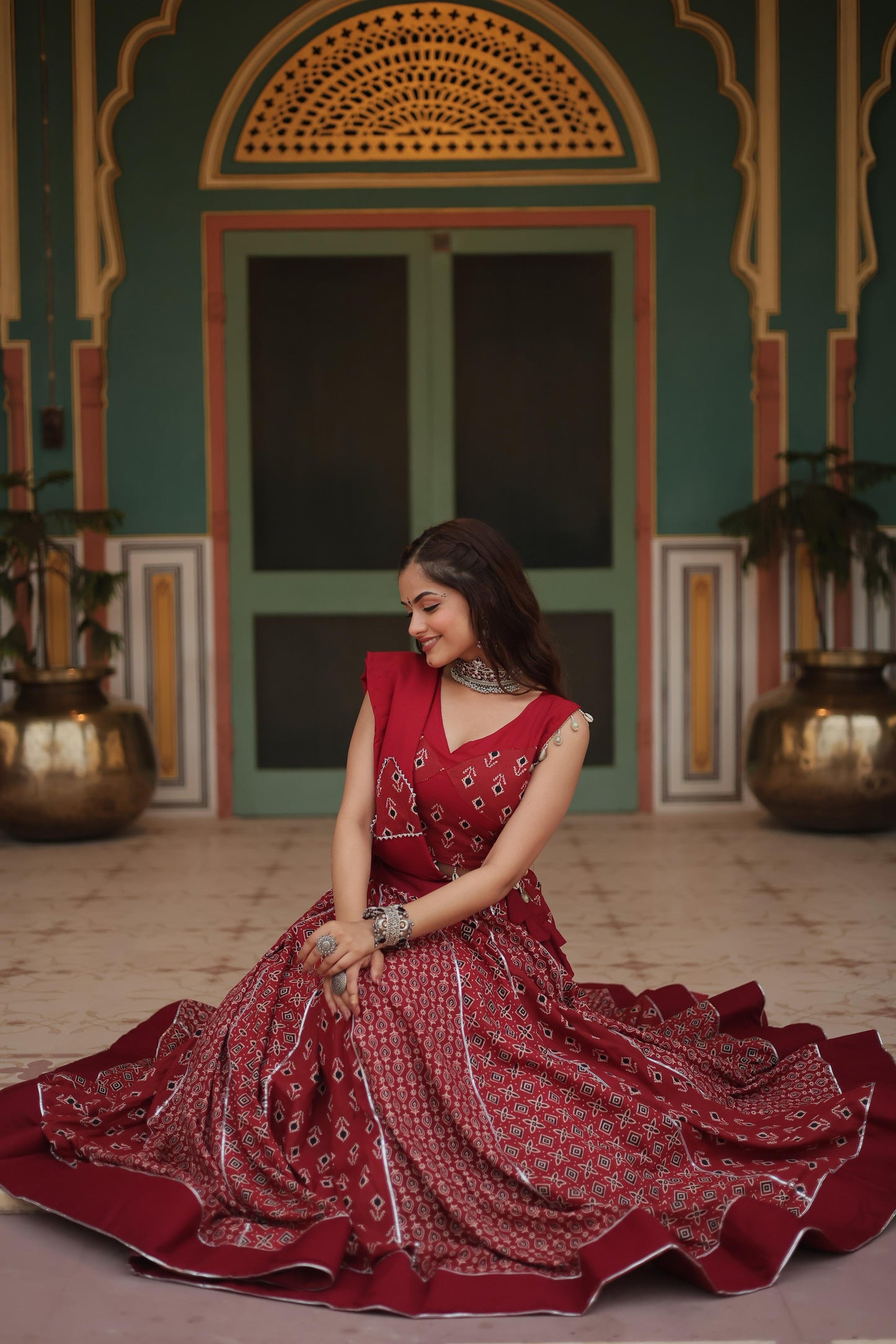 Lorenvalley Maroon Rayon Gota Patti Lace Printed Kali Pattern Lehenga Choli with Dupatta | Swadesiicart