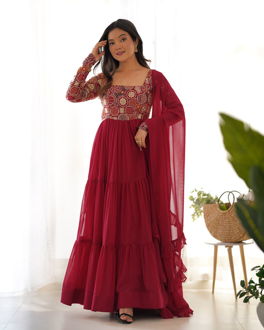 Lorenvalley Fashion Maroon Faux Georgette Embroidery 9 Needle Thread Work Anarkali Pant with Dupatta