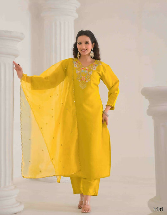 Ethnic Festive Wear Viscose Chanderi Yellow Stitched Suit With Dupatta - Tanisha | Swadesiicart