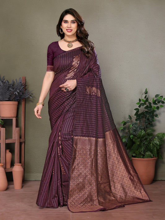 Vedant Vastram Litchi Silk Banarasi Silk Saree - Wine | Swadesiicart