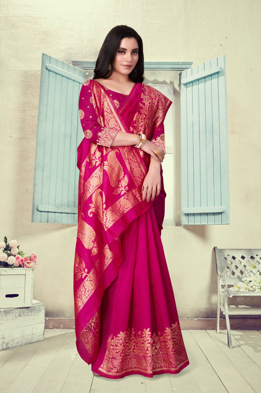 Vedant Vastram Litchi Silk Designer Banarasi Saree - Magenta | Swadesiicart