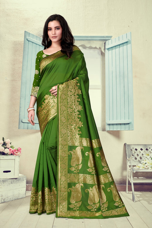 Vedant Vastram Litchi Silk Designer Banarasi Saree - Mehndi | Swadesiicart