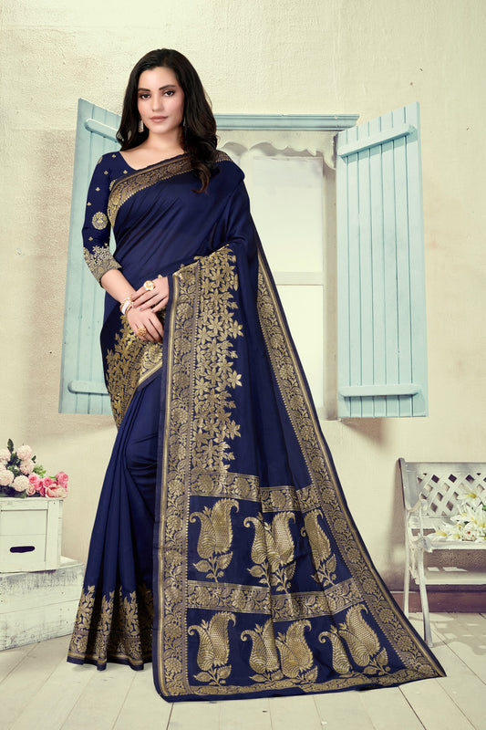 Vedant Vastram Litchi Silk Designer Banarasi Saree - Navy Blue | Swadesiicart