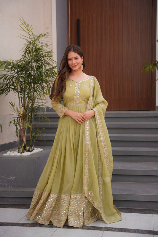 Lorenvalley Fashion Mehendi Crunchy Silk with Embroidery Codding & Sequins Work Anarkali Gown with Dupatta