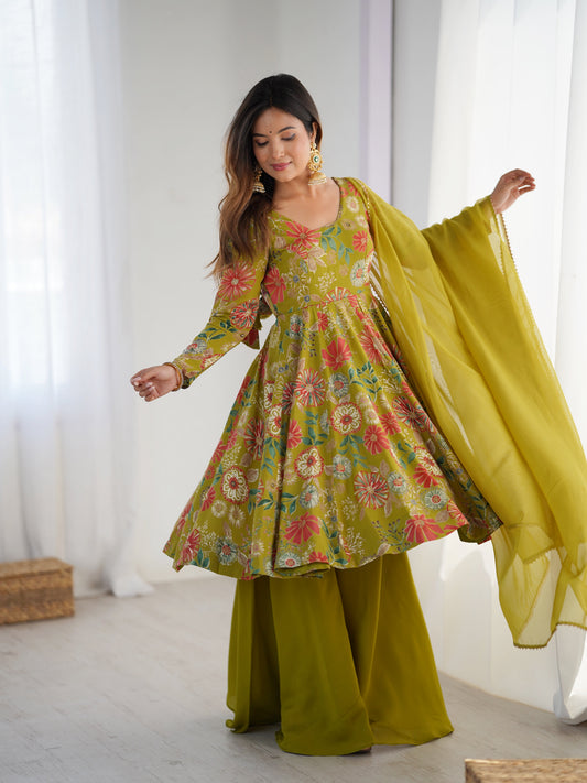 Lorenvalley Women Pure Soft Roman silk Chanderi Discharge Print Fabric Kediya Kurta Palazzo with Dupatta Set | Swadesiicart