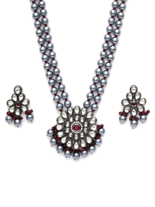 Long Kundan Neckpiece with Earrings with Multi Stones Jewellery Set (Grey) - Ruby Raang - Swadesiicart