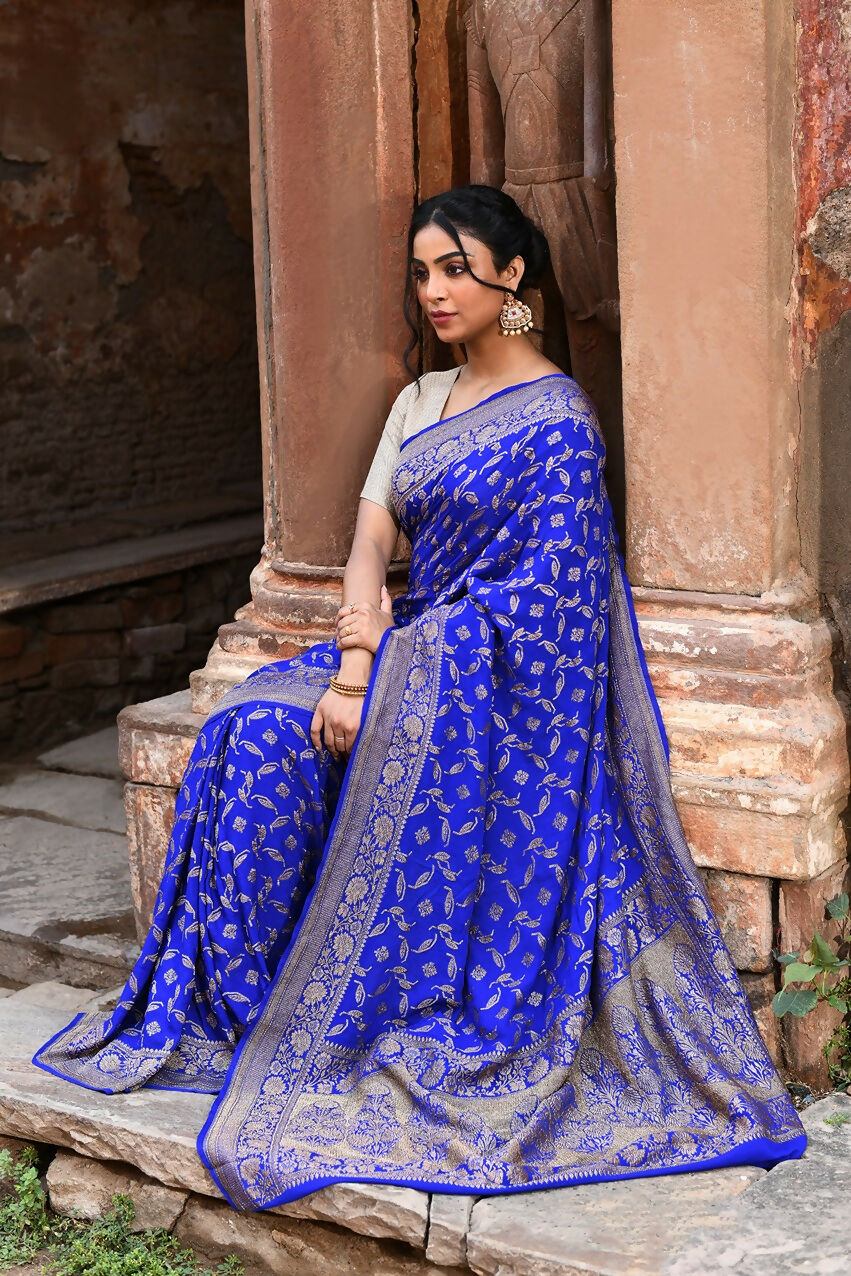 Joban Fashion Violet Crepe Chiffon Pure Handloom Banarasi Silk Saree | Swadesiicart
