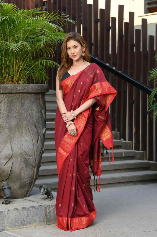 Beatitude Red Cotton Banarasi Saree | Swadesiicart
