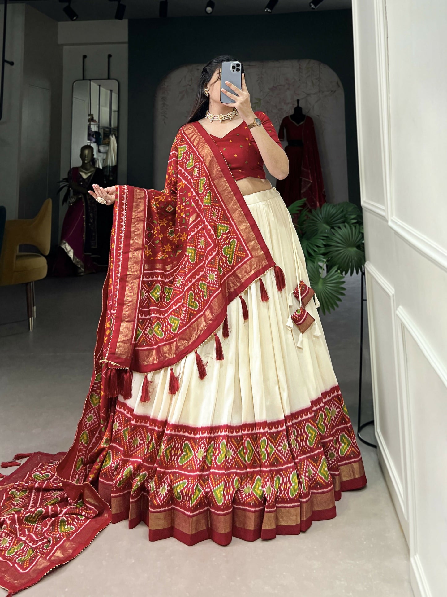 Lorenvalley Offwhite and Red Tussar Silk Patola Print Lehenga Choli | Swadesiicart