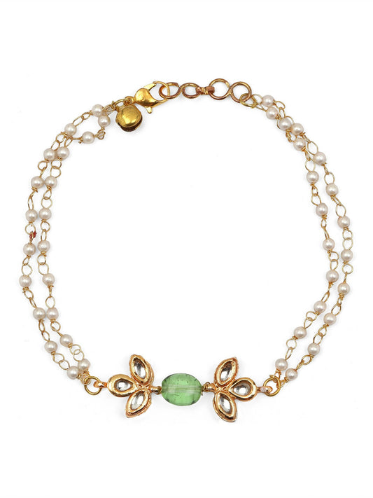 Gold-Polished Green White Kundan Beads Anklet Set Of 2 - Ruby Raang | Swadesiicart