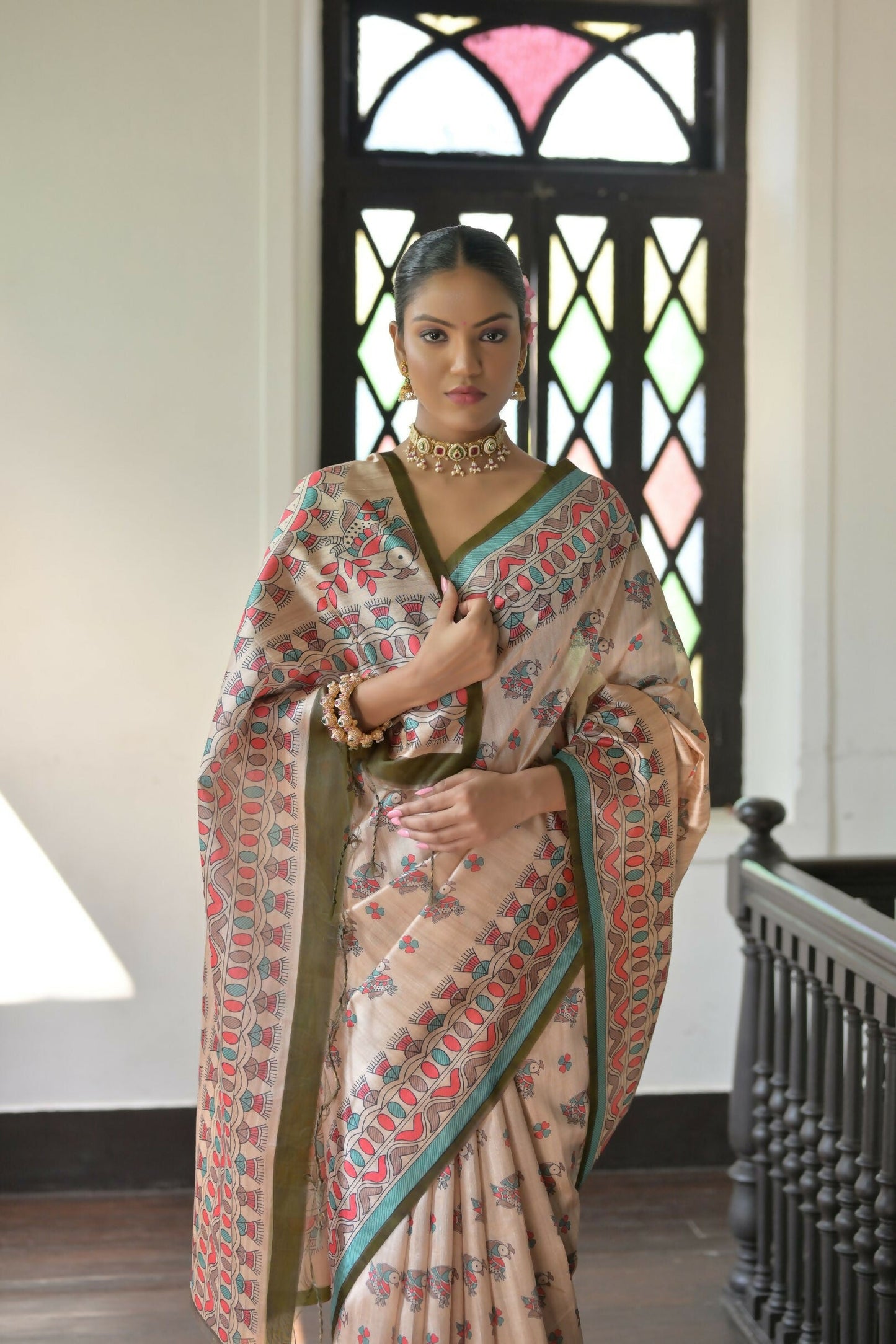 Vishnu Weaves Women's Mahendi Soft Tussar Silk Saree with Blouse - Swadesiicart