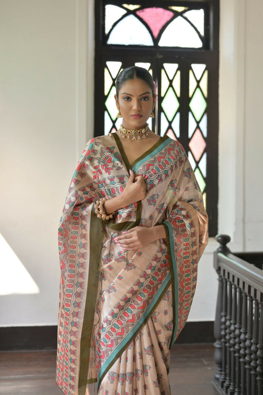 Vishnu Weaves Women's Mahendi Soft Tussar Silk Saree with Blouse - Swadesiicart
