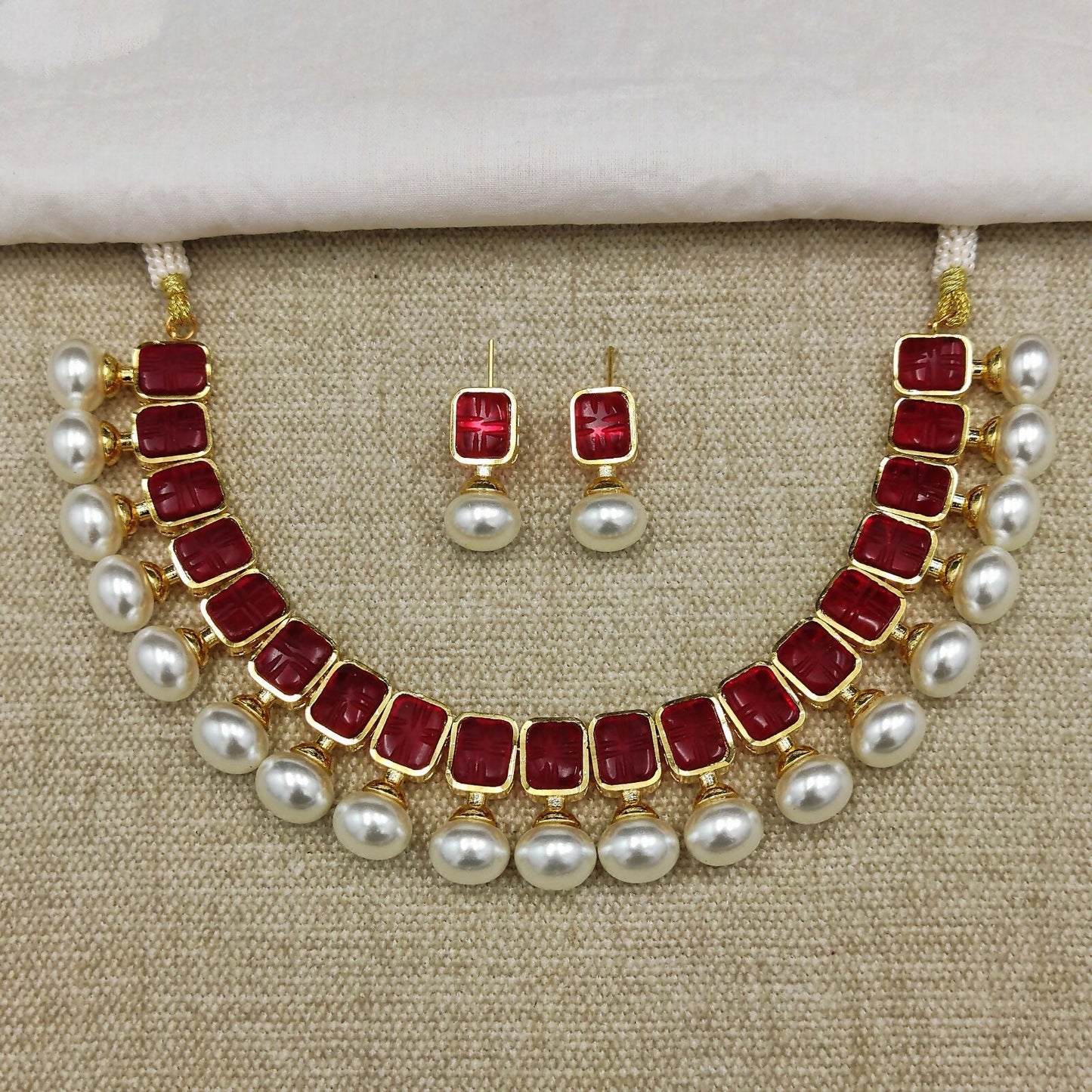 Red Stone Necklace With Pearls By House of Ree | Swadesiicart