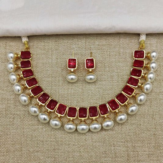 Red Stone Necklace With Pearls By House of Ree | Swadesiicart