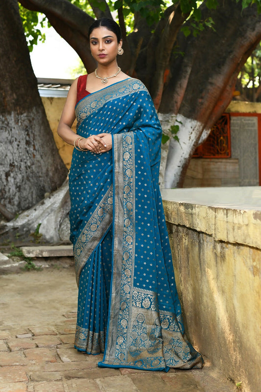 Joban Fashion Peacock Crepe Chiffon Pure Handloom Banarasi Silk Saree | Swadesiicart