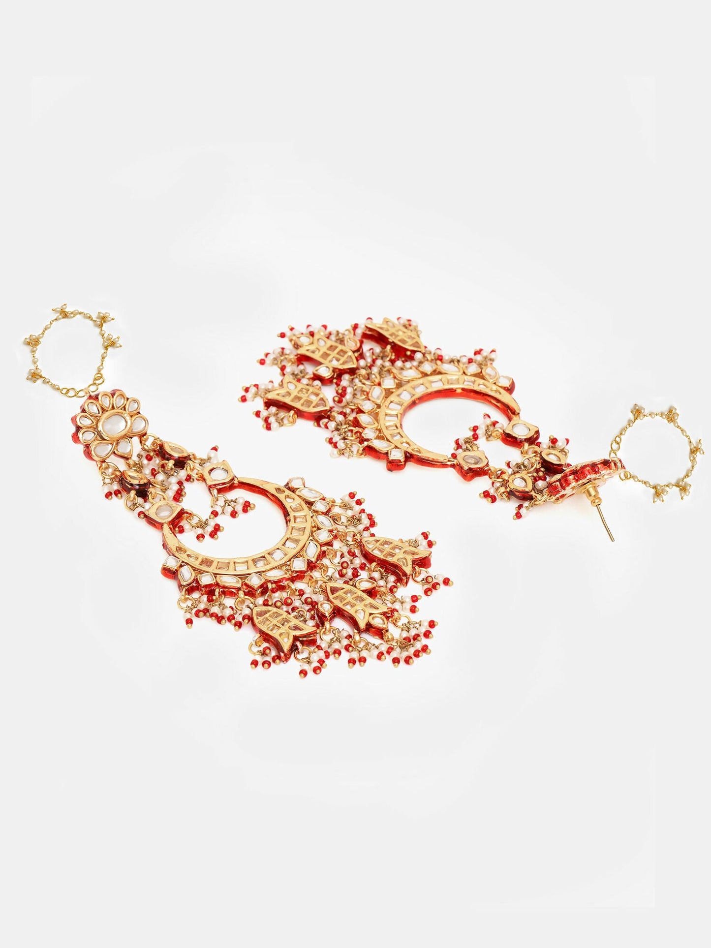 Ruby Raang 22k Gold Polished Kundan Chand Earrings With Ear Chains | Swadesiicart