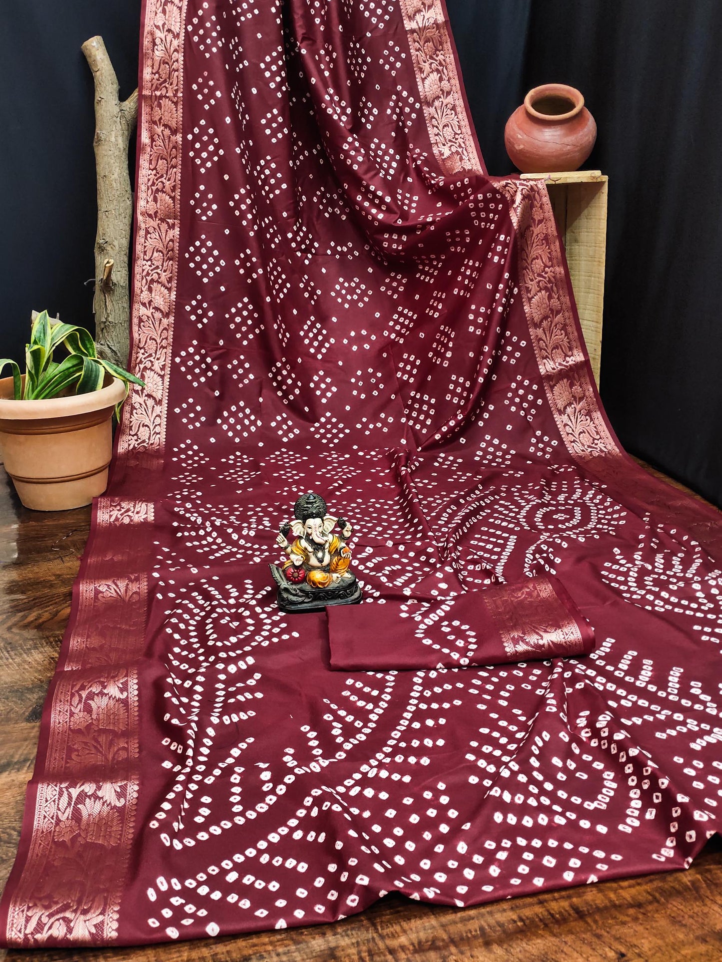Anaita Maroon Pure Bandhej Silk Saree With Zari Weaving Work