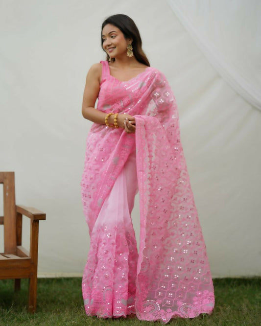Vamsee Ayra Pink Organza Saree - Swadesiicart