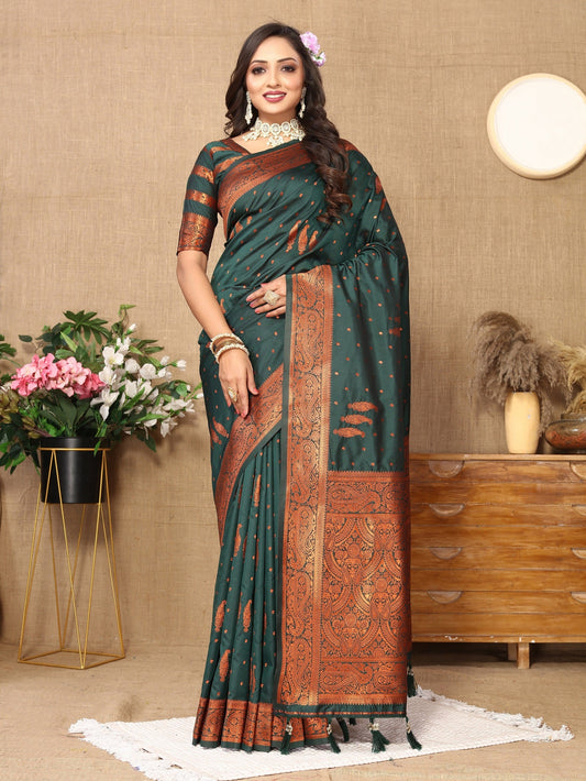 Vedant Vastram Bottle Green Color Banarasi Silk Saree - Bottle Green | Swadesiicart