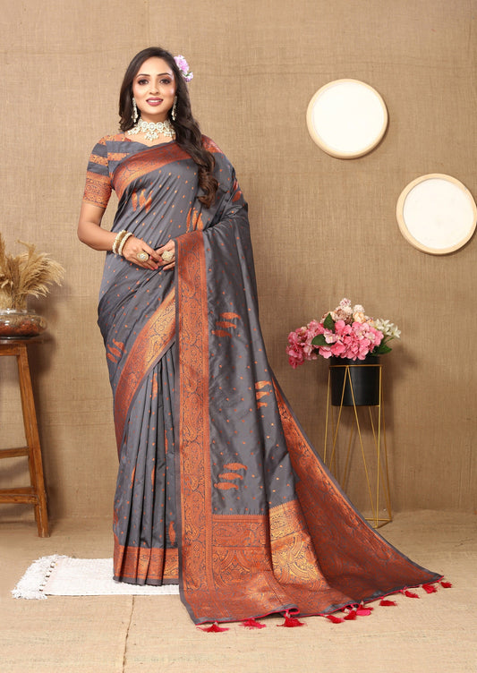 Vedant Vastram Grey Color Banarasi Silk Saree - Grey | Swadesiicart