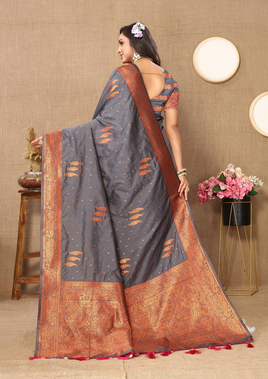Vedant Vastram Grey Color Banarasi Silk Saree - Grey | Swadesiicart