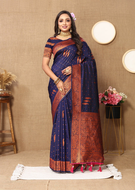 Vedant Vastram Navy Blue Color Banarasi Silk Saree - Navy Blue | Swadesiicart