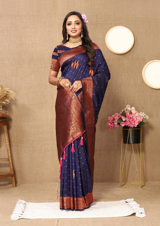Vedant Vastram Navy Blue Color Banarasi Silk Saree - Navy Blue | Swadesiicart
