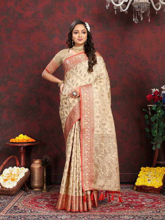 Vedant Vastram Beige Color Banarasi Silk Saree - Beige | Swadesiicart