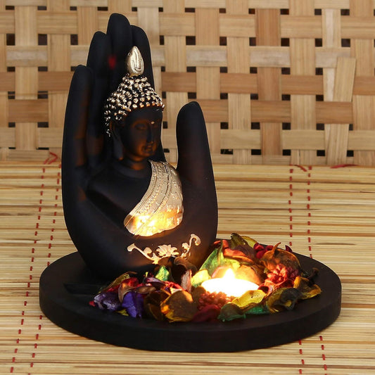 Swadesiicart Black and Golden Polyresin Palm Buddha Statue
