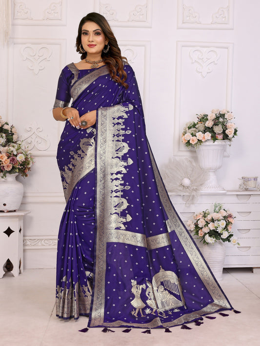 Vedant Vastram Soft Litchi Silk Banarasi Silk Saree - Navy | Swadesiicart