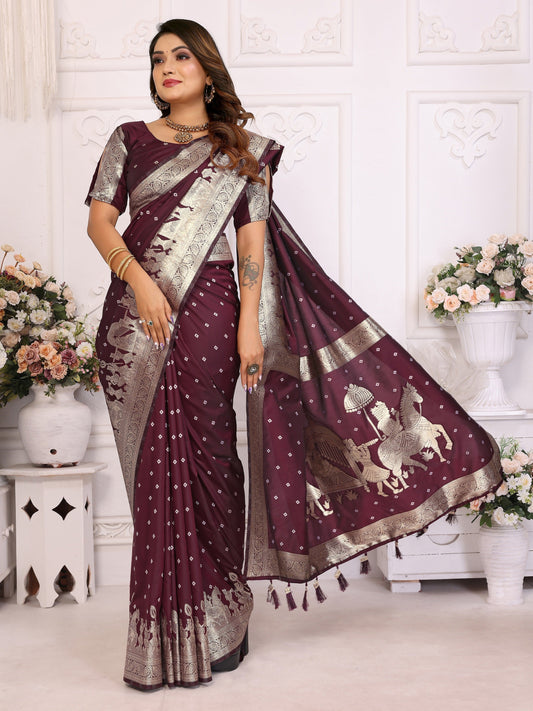 Vedant Vastram Soft Litchi Silk Banarasi Silk Saree - Wine | Swadesiicart
