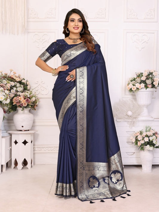 Vedant Vastram Soft Litchi Silk Banarasi Silk Saree - Navy | Swadesiicart