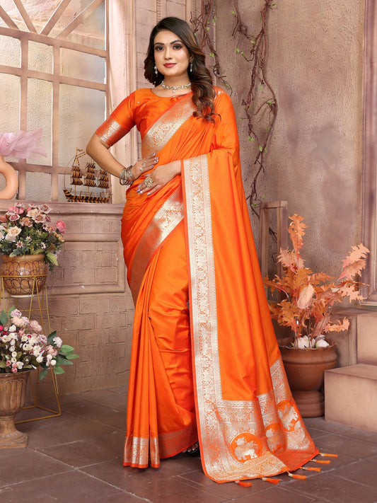 Vedant Vastram Soft Litchi Silk Banarasi Silk Saree - Orange | Swadesiicart