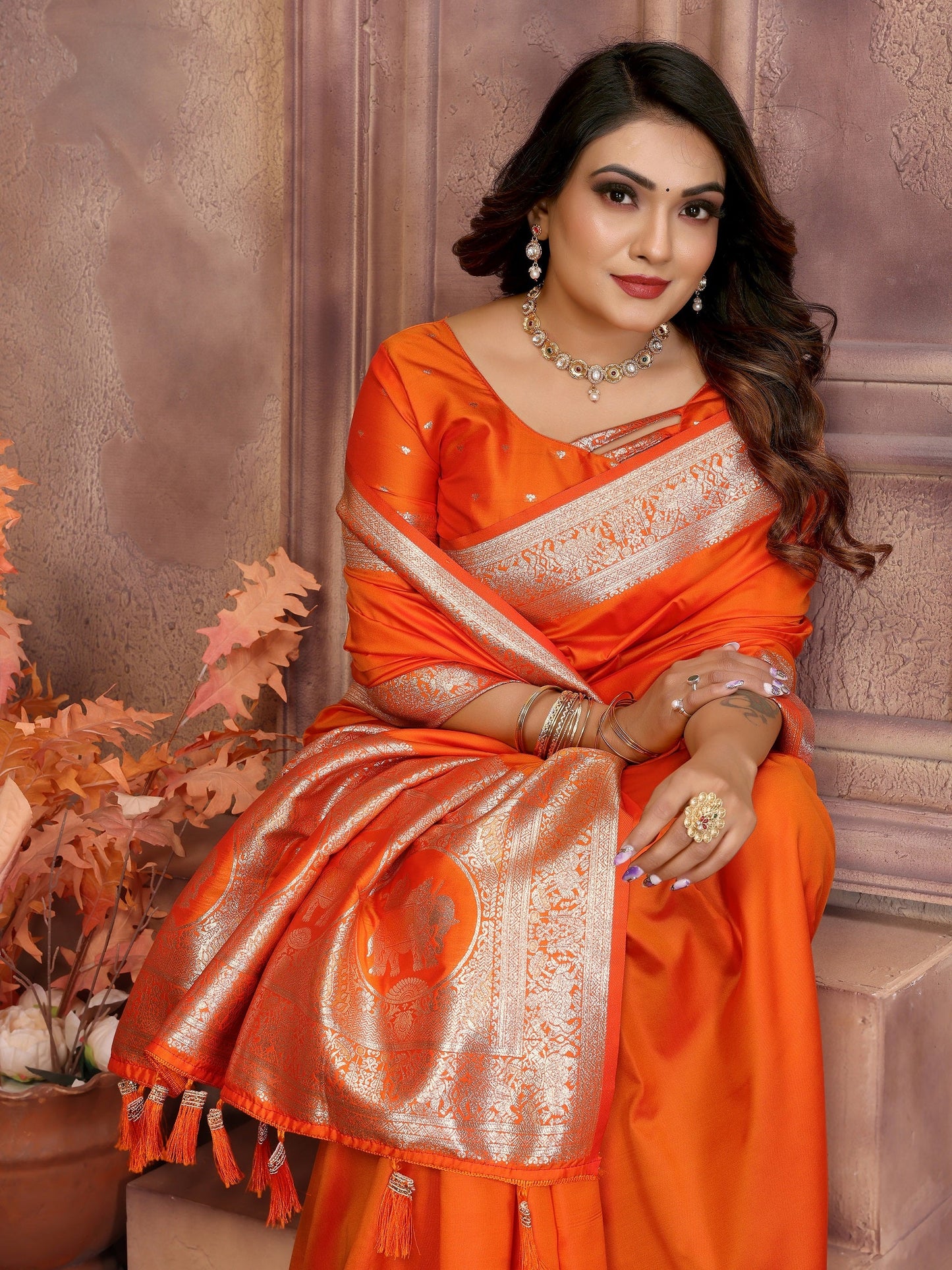 Vedant Vastram Soft Litchi Silk Banarasi Silk Saree - Orange | Swadesiicart