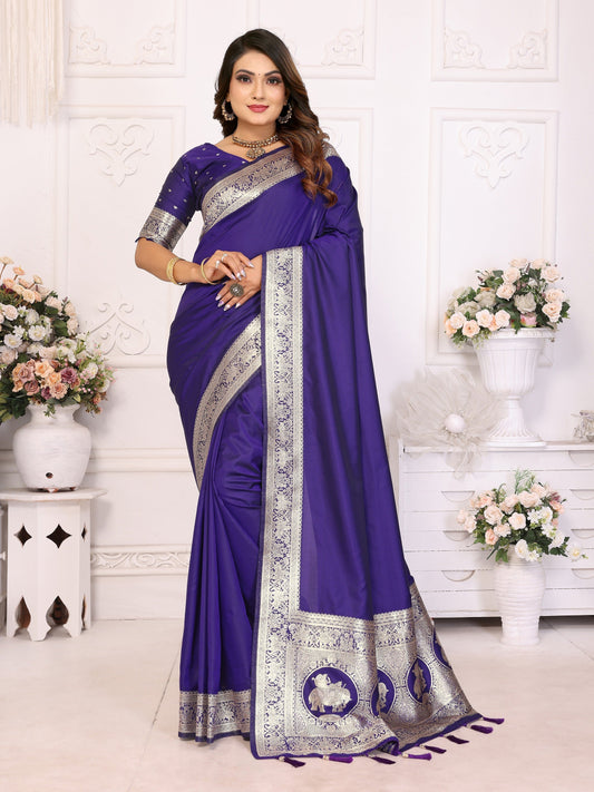 Vedant Vastram Soft Litchi Silk Banarasi Silk Saree - Violet | Swadesiicart