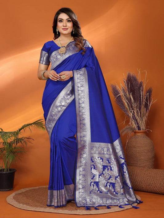 Vedant Vastram Soft Litchi Silk Banarasi Silk Saree - Blue | Swadesiicart