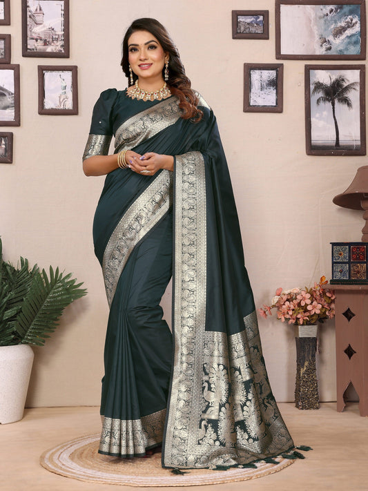 Vedant Vastram Soft Litchi Silk Banarasi Silk Saree - Green | Swadesiicart